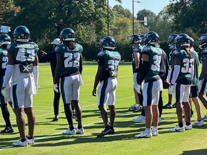 Bradley Roby (No. 33) looks on with his teammates at practice.